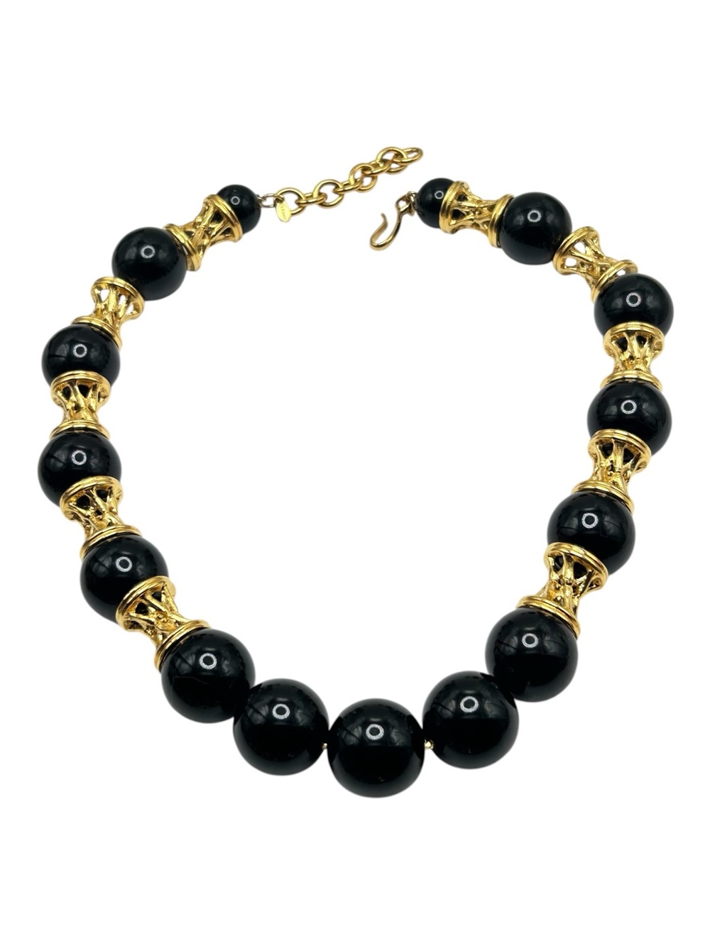 Vintage Monet Oversized Black Lucite Bead Necklace Gold Cage Fluted Spacers